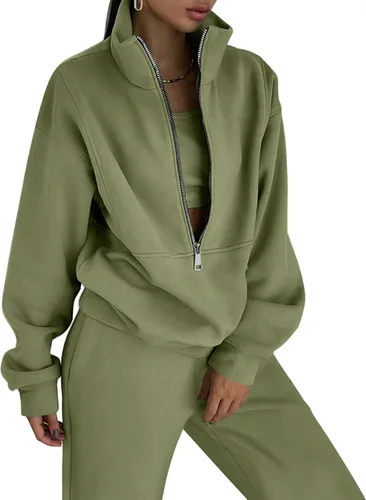 Vista 7 de COZYPOIN Conjunto deportivo de 2 piezas para mujer, sudadera de forro polar con cremallera media y pantalones de chándal de forro polar
