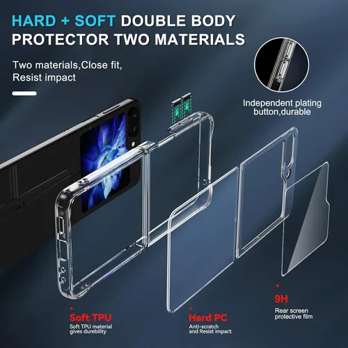 Vista 2 de Janmitta Funda para Samsung Galaxy Z Flip5 con protector de pantalla trasera + cordón para la muñeca, delgada, transparente, resistente, rígidas