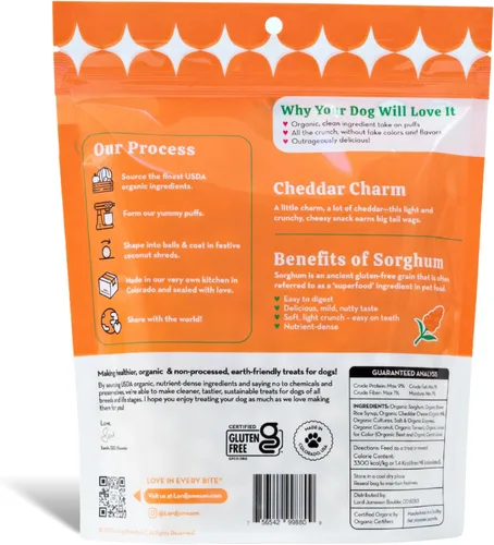Vista 2 de Lord Jameson Cheddar Charm Colección Love Puffs ligeros y crujientes Golosinas orgánicas para perros, receta de queso, sin gluten, sin