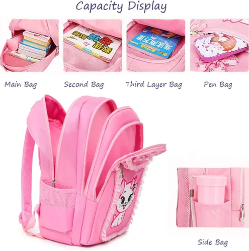 Vista 5 de Mochila escolar ligera de encaje con estampado de gatos, bolsa escolar de princesa, bolsa para libros, bolsa para bolígrafos para niñas de primaria