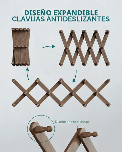 Vista 4 de OROPY Percha de pared de acordeón con 14 clavijas, perchero de madera nogal (Walnut Color)