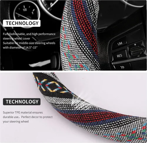 Vista 4 de GXT Manta Baja de 15 pulgadas para volante de automóvil, ajuste universal para la mayoría de los automóviles, estilo étnico, tela de lino gruesa