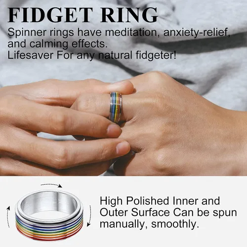 Vista 4 de Anillo giratorio LGBT de acero inoxidable con diseño de arco iris Love is Love Gay Lesbians Pride Jewelry Anillos para hombres y mujeres