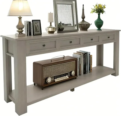 Vista 15 de LKTART - Mesa consola de 63 pulgadas para entrada, mesa de sofá de madera maciza con 4 cajones Blanco antiguo