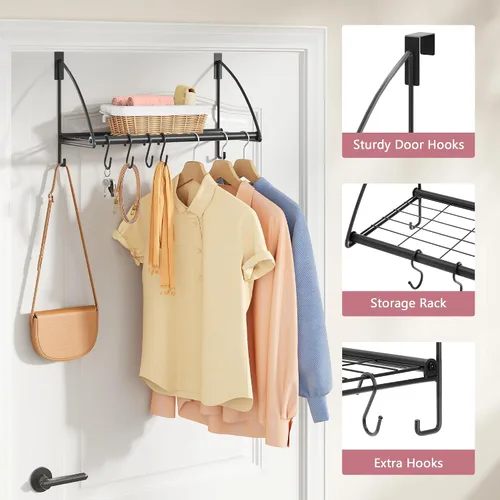 Vista 3 de Tajsoon Percha para colgar sobre la puerta con estante de almacenamiento y 6 ganchos, perchero para colgar abrigos, perchero de puerta para baño