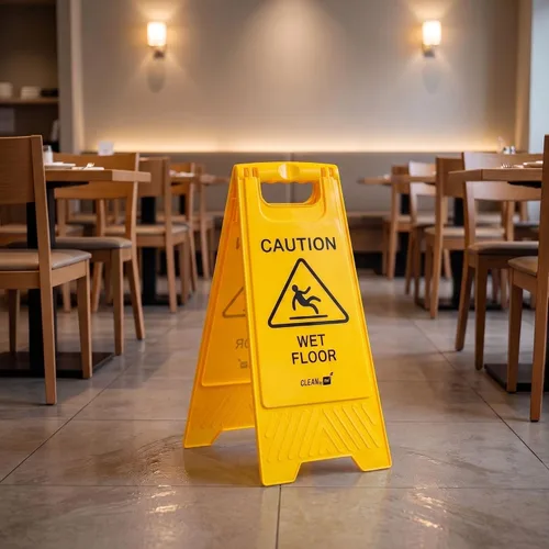 Vista 4 de Restaurantware RW Clean 11.8 x 2 x 24.4 pulgadas, 1 letrero de precaución de doble cara, mango integrado, plegable, de plástico, amarillo, para uso