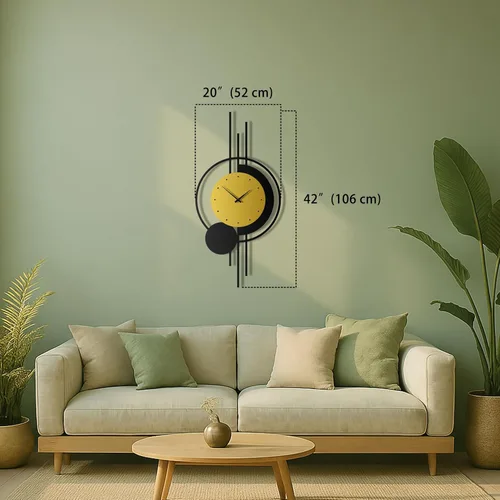 Vista 5 de pluviart Reloj de pared geométrico dorado y negro, reloj de metal silencioso grande, arte de pared moderno de mediados de siglo para sala de estar