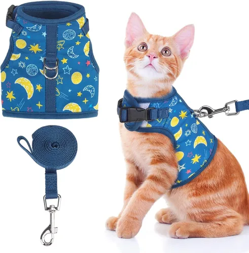 Vista 10 de BINGPET Arnés para gatos con correa y collar para caminar, a prueba de escapes, con correa de 59 pulgadas, arnés de chaleco suave ajustable
