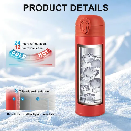 Vista 3 de GOOFIT Botella de agua de acero inoxidable para niños de 16 onzas, doble pared aislada al vacío, tapa a presión con anillo de bloqueo, sin BPA, a