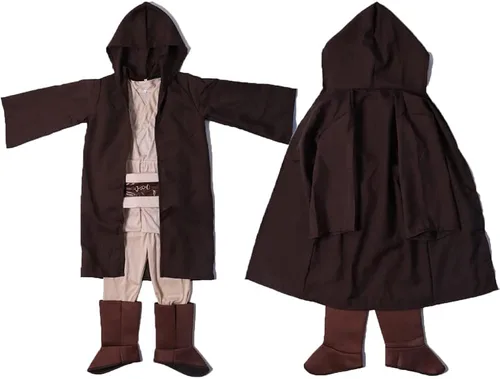 Vista 4 de VOWAGH Disfraz de Jedi para niños bata con capucha y cinturón disfraz de guerrero galáctico para Halloween