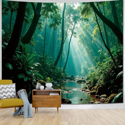 Vista 4 de Atrippy Tapiz verde de naturaleza forestal para dormitorio, paisaje brumoso, telón de fondo para colgar en la pared, mural de pared grande, tapices