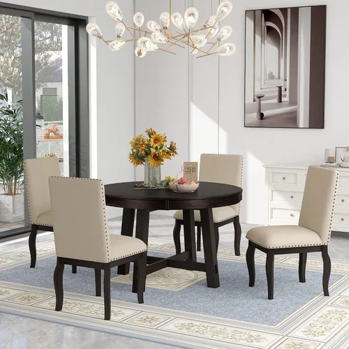 Vista 10 de Harper & Bright Designs Juego de mesa redonda de 5 piezas con estante, mesa de comedor familiar de madera