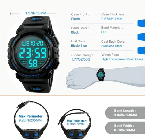 Vista 3 de Reloj deportivo digital para hombre, resistente al agua, pantalla LED, esfera grande, relojes militares para hombres, reloj militar
