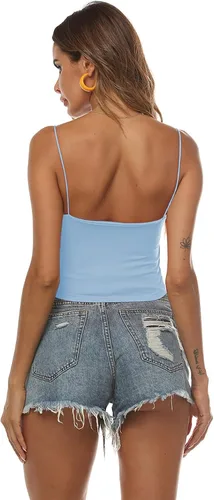 Vista 68 de Amilia - Camiseta básica de tirantes delgados para mujer (doble capa)