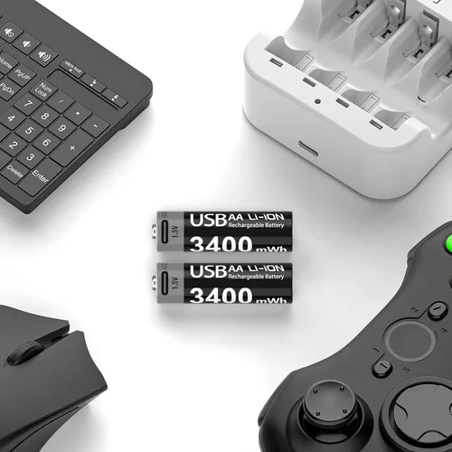 Vista 7 de Paquete de 4 baterías de litio recargables AA con cable de carga USB-C, 1000 ciclos, 1.5 V, 3400 mWh, baterías dobles A