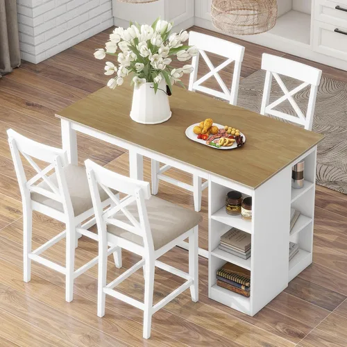 Vista 14 de Farmhouse - Juego de comedor rústico de 5 piezas con 4 taburetes, juego de mesa consola de madera con acabado de dos tonos, para comedor pequeños