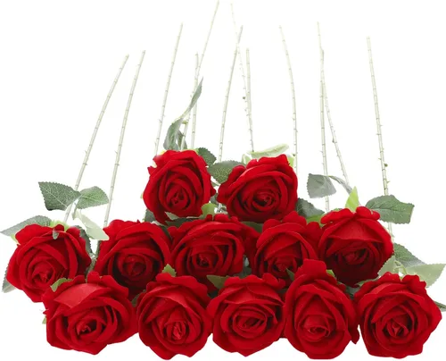 Vista 28 de 12 rosas artificiales de terciopelo sintético para decoración del hogar y boda (rosa perla, negro)