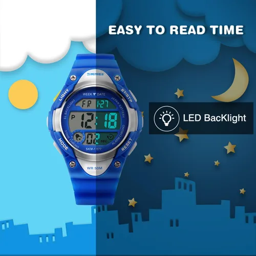 Vista 4 de Reloj digital deportivo para niños y niñas, resistente al agua, relojes electrónicos con alarma LED, cronómetro