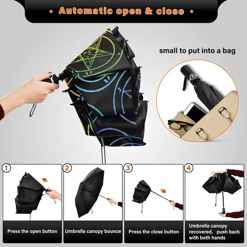 Vista 5 de UV Blocking Automatic Open Umbrella Baphomet-satanic-goat-gay-rainbow Portable Travel Folding Umbrellas with Cover Bag