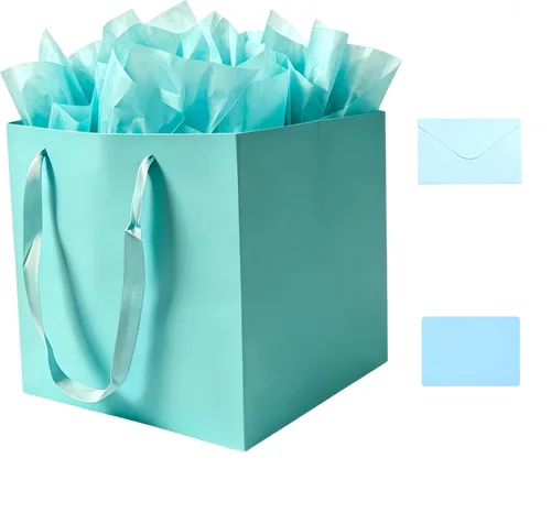 Vista 13 de JUNESHE Bolsa de regalo cuadrada negra grande con asas y papel de seda, 9.84 pulgadas, gran envoltura de regalo gigante para cumpleaños, boda