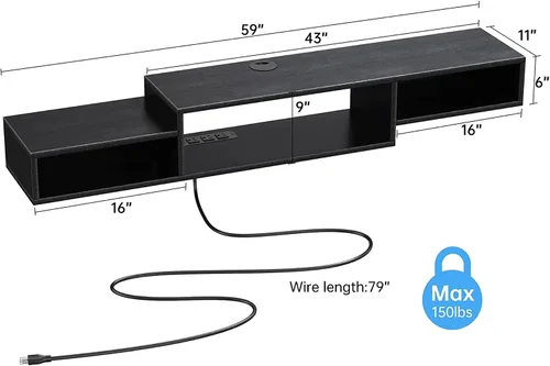 Vista 3 de FABATO Soporte de TV flotante de 59 pulgadas con toma de corriente montado en la pared, consola multimedia, estante debajo del televisor para caja