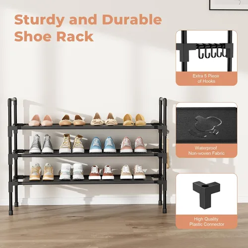 Vista 4 de Estante para zapatos de 3 niveles, organizador de almacenamiento para 16-20 pares de botas y zapatillas, estante vertical apilable con ganchos