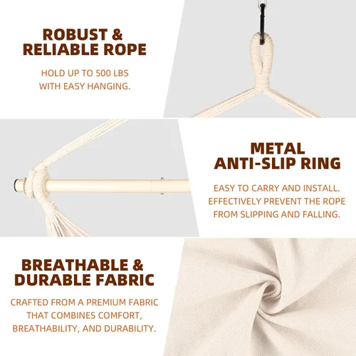 Vista 5 de Silla hamaca colgante con cuerda – Máximo 500 libras – 2 cojines y 1 almohada para el cuello incluida – Barra separadora de acero resistente