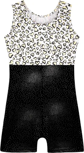 Vista 2 de Leotardo de gimnasia con shorts para niñas, sin mangas, para ciclismo, con diseño de mariposas y flores con brillo, color negro y rosado intenso