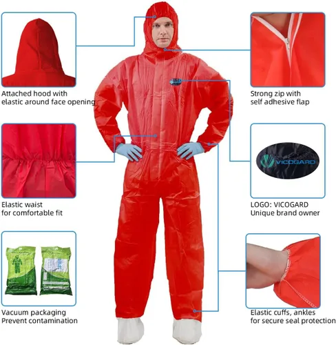 Vista 2 de Vicogard Monos Protectores Desechables Coveralls, Cremallera Frontal Cintura Elástica y Puños en Tobillos, Traje de Aislamiento SMS con Capucha
