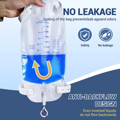 Vista 4 de Paquete de 5 bolsas de 33.8 fl oz para piernas de drenaje urinario con correas ajustables para el hombro y tubo flexible de 17.7 pulgadas con diseño
