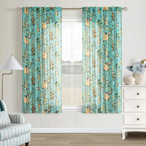 Vista 25 de Cortinas de lino de pájaro floral azul 2 paneles de 72 pulgadas de largo Aqua Blue