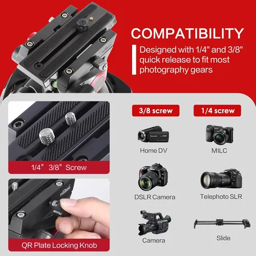 Vista 5 de miliboo Trípode para cámara de video, trípode resistente con cabezal fluido, altura máxima de trabajo 76.4 pulgadas, trípode de fotografía de gran