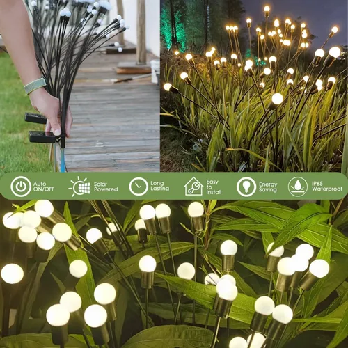 Vista 3 de ANTQUE Paquete de 2 luces LED de luciérnaga de 16 luces LED, luces solares de jardín con forma de explosión de estrellas mejoradas, luces vibrantes