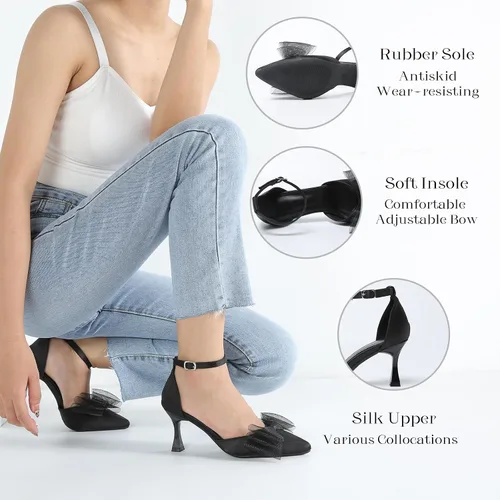Vista 6 de LIURUIJIA Zapatos de tacón bajo con tiras cerradas para mujer, con puntera puntiaguda, lazos de malla, correa para el tobillo, vestido sexy D'Orsay