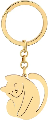Vista 2 de RAIDIN Llavero de acero inoxidable chapado en oro con bonito diseño de gato, regalo para mujeres y niñas, llavero para coche, monedero, llaves