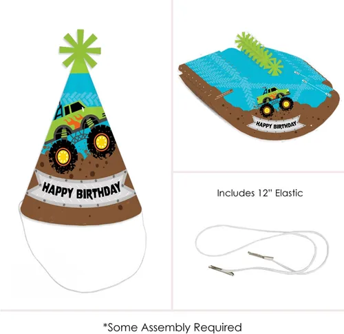 Vista 4 de Big Dot of Happiness Smash and Crash - Monster Truck - Cone Happy Birthday Party Hats for Kids and Adults - Set of 8