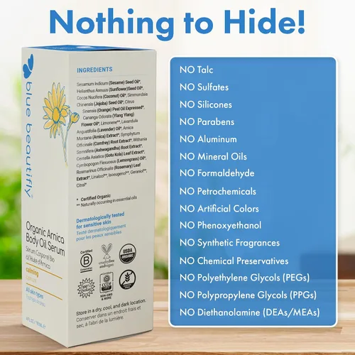 Vista 2 de Blue Beautifly Suero de aceite corporal de árnica orgánico certificado por USDA, alivia el dolor muscular y los dolores articulares, con propiedades