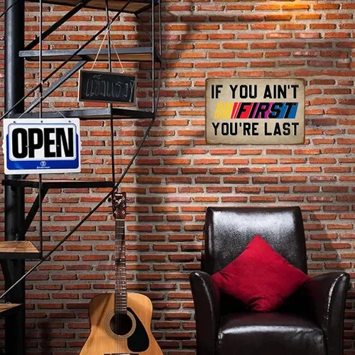 Vista 6 de Letrero de hojalata con texto en inglés "If You Ain't First You're Last Tin Sign" – Arte de pared de metal vintage de carreras para hombre, garaje