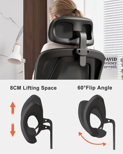 Vista 6 de Silla de oficina de malla, ergonómicas de respaldo alto con ruedas y reposacabezas ajustables, cómodos brazos abatibles para el hogar, dormitorio