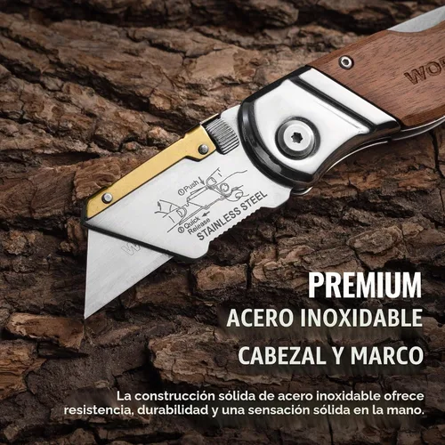 Vista 4 de WORKPRO Cuchillo utilitario plegable con clip para cinturón y cuchillas adicionales de 10 piezas, mango de madera, cortador resistente, cambio