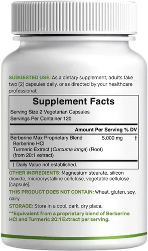 Vista 6 de DEAL SUPPLEMENT Berberine Max Suplemento con cúrcuma, 5,000 mg por porción, 240 cápsulas vegetales – 97% HCl de berberina pura – Extracto de raíz
