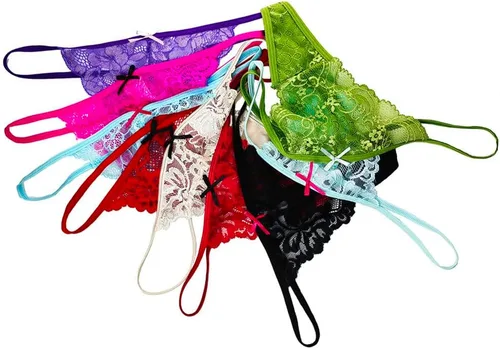 Vista 5 de Paquete de 6 tangas de encaje para mujer, ropa interior sexy con patrón de encaje y colores surtidos