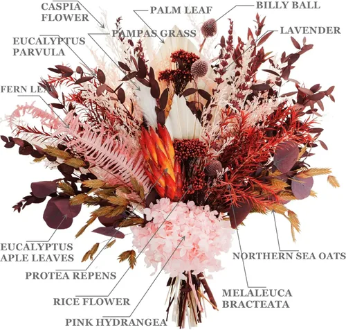 Vista 4 de Ramo de flores secas naturales, decoración de hierba de las pampas con plantas preservadas, arreglos florales rústicos bohemios para centros de mesa