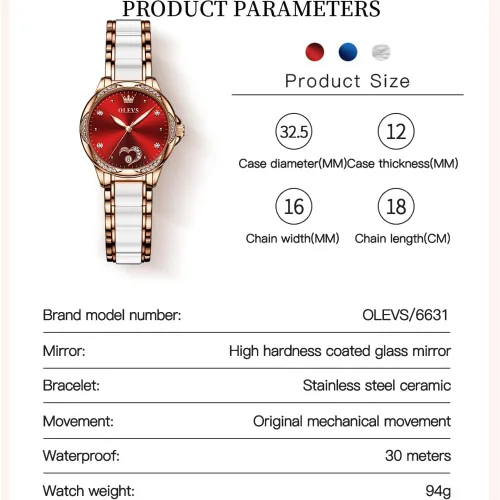 Vista 6 de OLEVS Relojes de oro rosa para mujer, relojes automáticos con pulsera de cerámica de acero inoxidable de dos tonos, relojes de cuerda automática