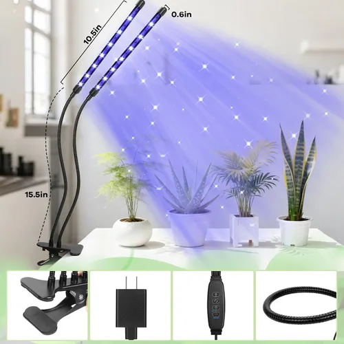 Vista 2 de Luces LED de crecimiento, 2 cabezales, luz roja y azul para plantas con abrazadera para plantas de interior y arranque de semillas, 10 niveles