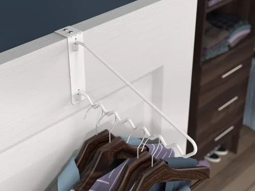 Vista 7 de ClosetMaid Barra de valet colgante para instalación en pared o puerta, accesorios incluidos, diseño plegable, acero duradero, color blanco