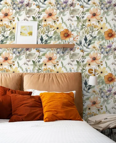 Vista 3 de Guvana Papel tapiz floral de 78.7"×16.14" amarillo/naranja despegar y pegar, papel de contacto floral bohemio, papel de pared removible