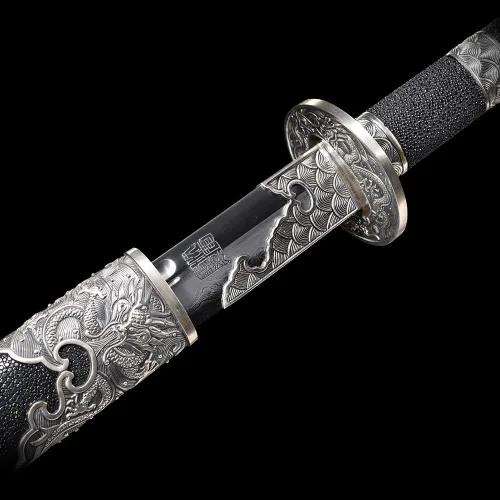 Vista 5 de Yulong Ming Dao, sable chino tradicional de 38.98 pulgadas con hoja de acero revestido, accesorios de bronce blanco y vaina cubierta de piel