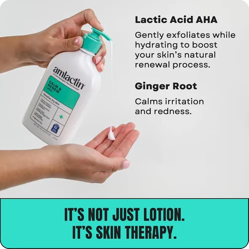 Vista 4 de AmLactin Calm & Renew Loción - Hidratante terapéutico corporal y facial para piel sensible - Exfoliante sin frotamiento y loción corporal para piel