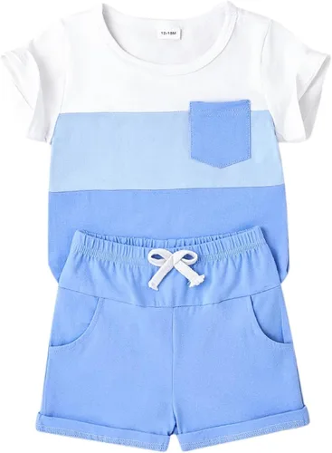 Vista 89 de Ropa para bebé niño pequeño, trajes de verano de manga corta, camiseta de retazos y pantalón con bolsillo, conjunto de 2 piezas, 12 meses a 4 años